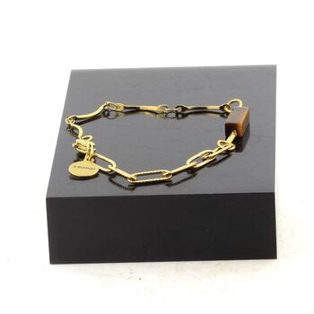 Golden Stainless steel double chain bracelet 1 Tiger's Eye rectangle 13 mm Bead.