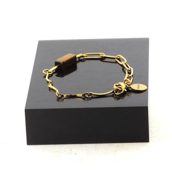 Golden Stainless steel double chain bracelet 1 Tiger's Eye rectangle 13 mm Bead.