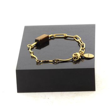 Golden Stainless steel double chain bracelet 1 Tiger's Eye rectangle 13 mm Bead.