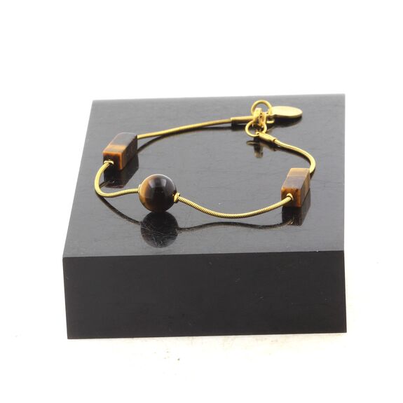 Golden Stainless steel bracelet 2 Tiger's Eye rectangle 13 mm + 1 round 8 mm Beads.