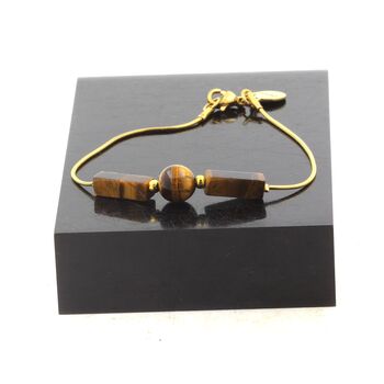 Golden Stainless steel bracelet 2 Tiger's Eye rectangle 13 mm + 1 round 8 mm Beads.