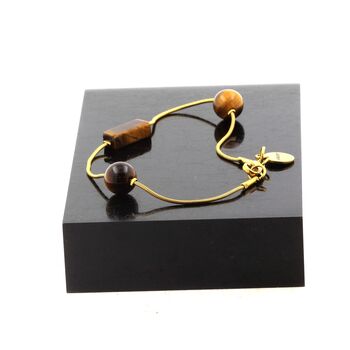 Bracelet en acier doré inoxydable 1 Perle Oeil de Tigre rectangle 13 mm + 2 perles ronde 8 mm.