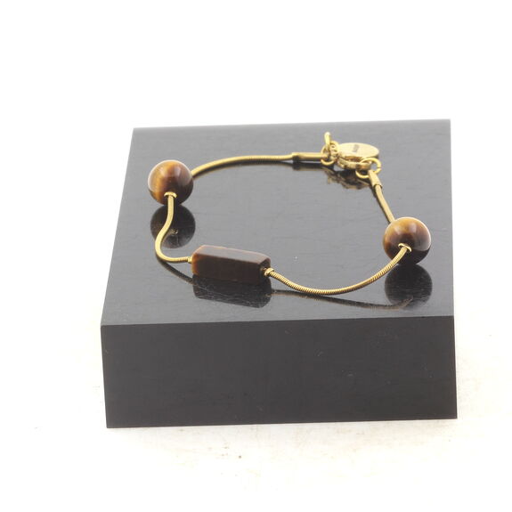 Bracelet en acier doré inoxydable 1 Perle Oeil de Tigre rectangle 13 mm + 2 perles ronde 8 mm.