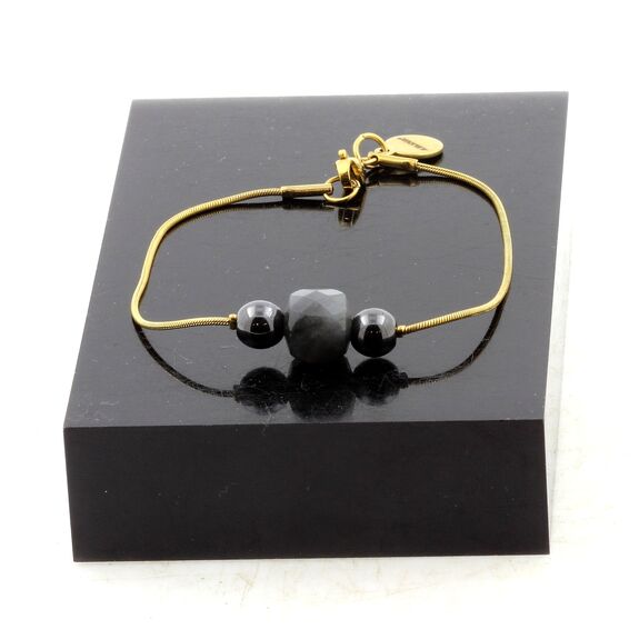 Bracelet en acier doré inoxydable 1 Perle Labradorite 9 mm cube à facettes + 2 Perles Hématite 6 mm.