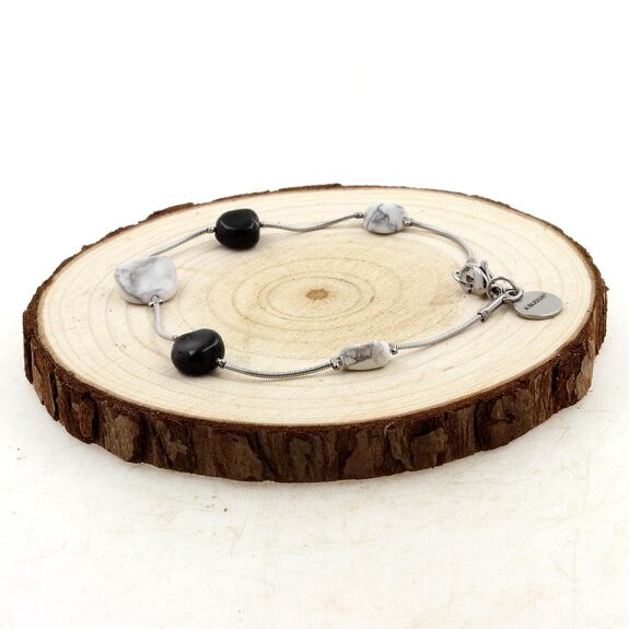 Bracelet en acier inoxydable 5 Perles Tourmaline Schorl du Brésil + Howlite des USA.