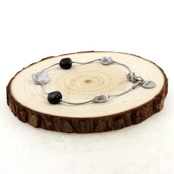 Bracelet en acier inoxydable 5 Perles Tourmaline Schorl du Brésil + Howlite des USA.