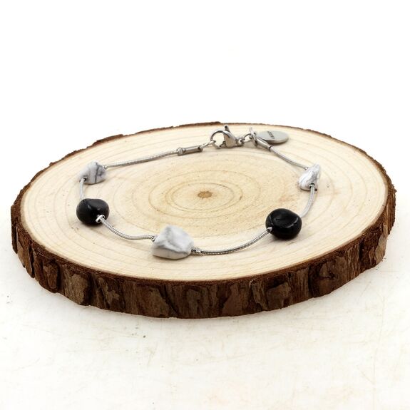 Bracelet en acier inoxydable 5 Perles Tourmaline Schorl du Brésil + Howlite des USA.