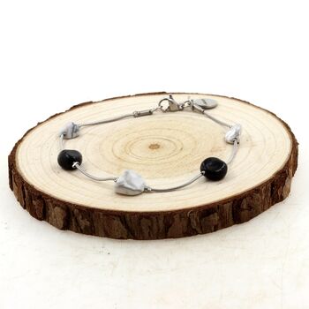 Bracelet en acier inoxydable 5 Perles Tourmaline Schorl du Brésil + Howlite des USA.