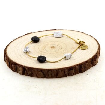 Bracelet en acier doré inoxydable 5 Perles Tourmaline Schorl du Brésil + Howlite des USA.