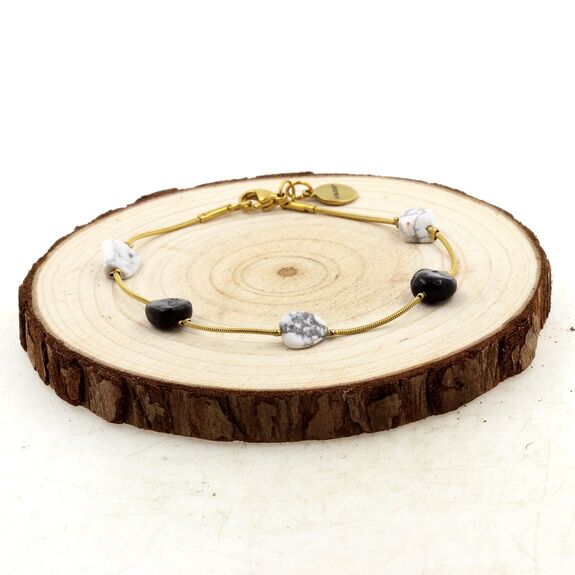 Bracelet en acier doré inoxydable 5 Perles Tourmaline Schorl du Brésil + Howlite des USA.