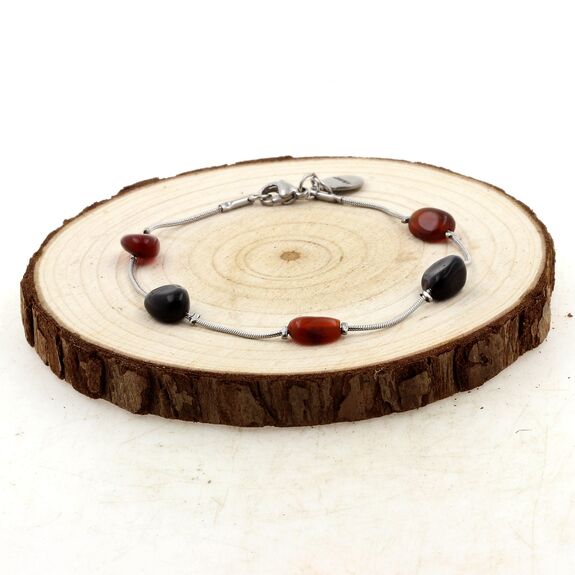 Bracelet en acier inoxydable 5 Perles Agate rouge + Obsidienne noire.