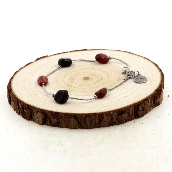 Bracelet en acier inoxydable 5 Perles Agate rouge + Obsidienne noire.