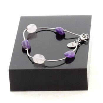 Bracelet en acier inoxydable 5 Perles Quartz rose du Brésil + Améthyste du Brésil.