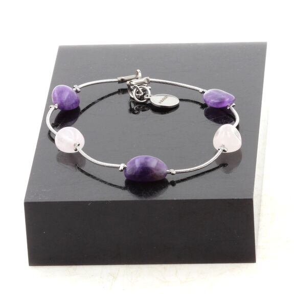 Bracelet en acier inoxydable 5 Perles Quartz rose du Brésil + Améthyste du Brésil.