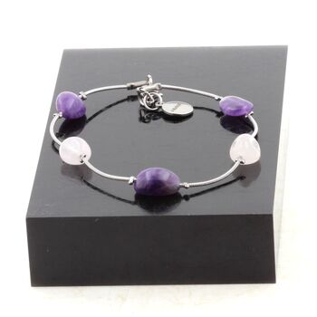 Bracelet en acier inoxydable 5 Perles Quartz rose du Brésil + Améthyste du Brésil.