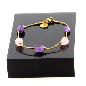 Bracelet en acier doré inoxydable 5 Perles Quartz rose du Brésil + Améthyste du Brésil.