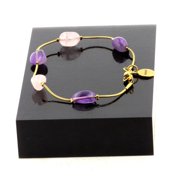 Bracelet en acier doré inoxydable 5 Perles Quartz rose du Brésil + Améthyste du Brésil.
