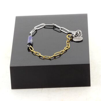 Bracelet en acier inoxydable double chaine 2 tons 1 Perle Lapis Lazuli 4x13mm cylindre.