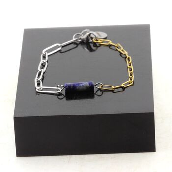 Bracelet en acier inoxydable double chaine 2 tons 1 Perle Lapis Lazuli 4x13mm cylindre.