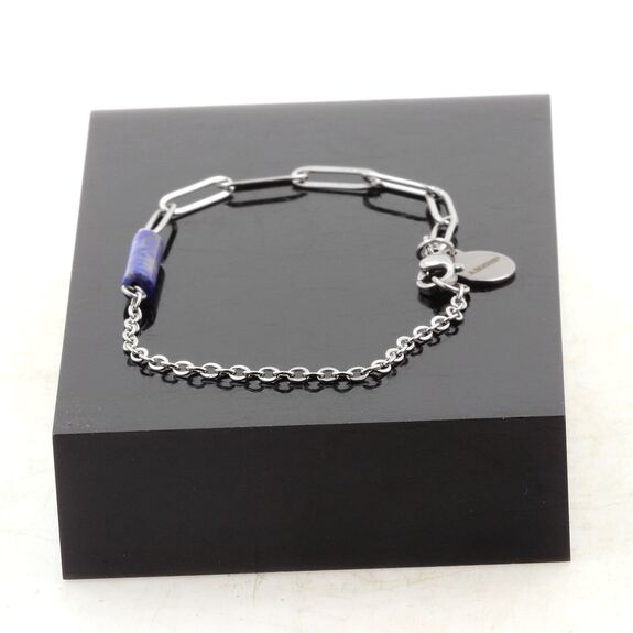 Bracelet en acier inoxydable double chaine 1 Perle Lapis Lazuli 4x13mm cylindre.