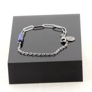 Bracelet en acier inoxydable double chaine 1 Perle Lapis Lazuli 4x13mm cylindre.