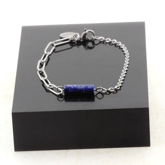 Bracelet en acier inoxydable double chaine 1 Perle Lapis Lazuli 4x13mm cylindre.