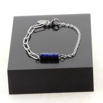 Bracelet en acier inoxydable double chaine 1 Perle Lapis Lazuli 4x13mm cylindre.