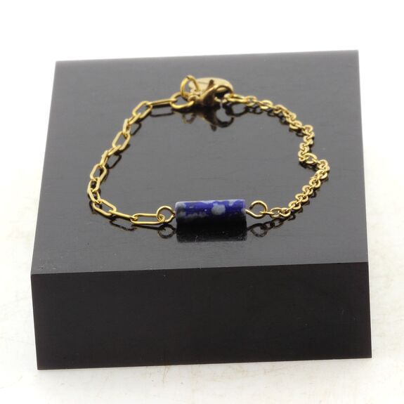Bracelet en acier doré inoxydable double chaine 1 Perle Lapis Lazuli 4x13mm cylindre.
