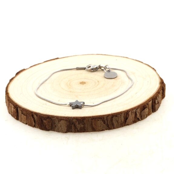 Bracelet en acier inoxydable 1 Perle Hématite forme étoile 8 mm.