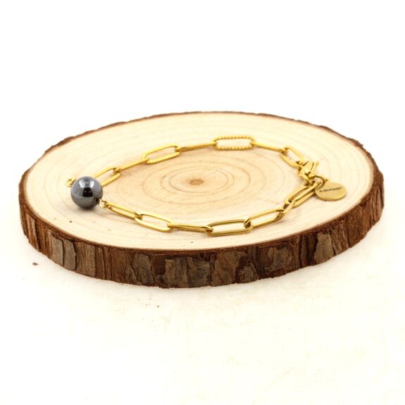 Bracelet en acier doré inoxydable double chaine (3x11mm) 1 Perle Hématite 8 mm.