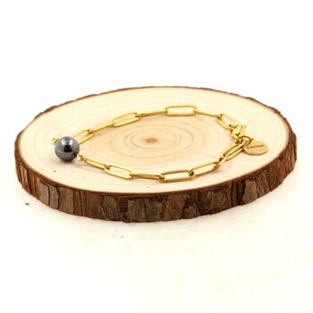 Bracelet en acier doré inoxydable double chaine (3x11mm) 1 Perle Hématite 8 mm.