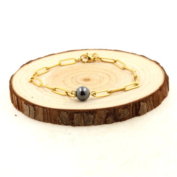 Bracelet en acier doré inoxydable double chaine (3x11mm) 1 Perle Hématite 8 mm.