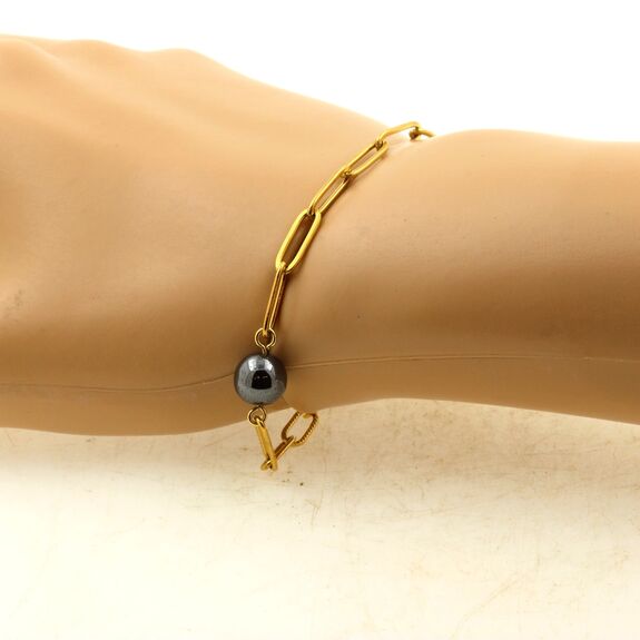 Bracelet en acier doré inoxydable double chaine (3x11mm) 1 Perle Hématite 8 mm.