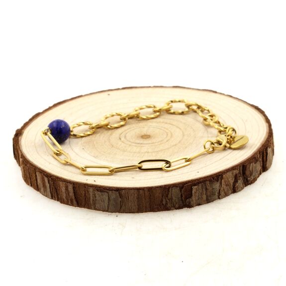 Bracelet en acier doré inoxydable double chaine (6x10 & 3x11 mm) 1 Perle Lapis Lazuli du Pakistan 5A 8 mm.