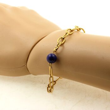 Bracelet en acier doré inoxydable double chaine (6x10 & 3x11 mm) 1 Perle Lapis Lazuli du Pakistan 5A 8 mm.