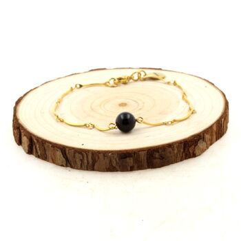 Bracelet en acier doré inoxydable chaine (1x15 mm) 1 Perle Tourmaline Schorl du Brésil 8 mm.