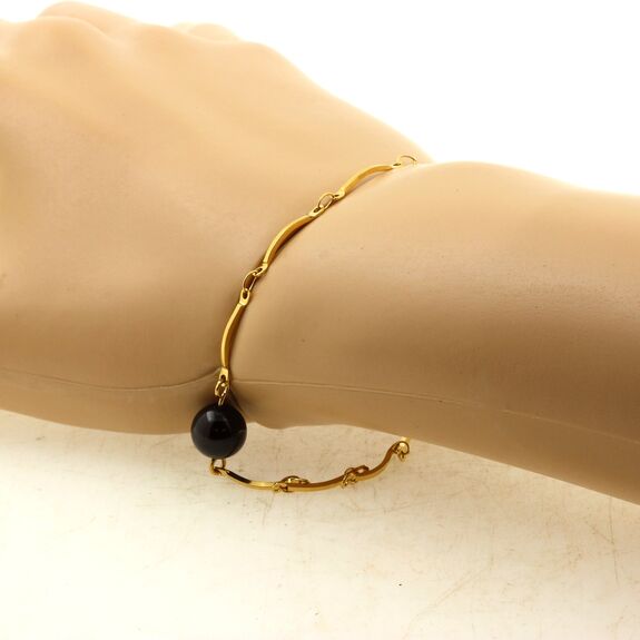 Bracelet en acier doré inoxydable chaine (1x15 mm) 1 Perle Tourmaline Schorl du Brésil 8 mm.