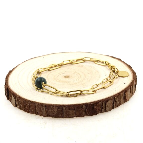 Bracelet en acier doré inoxydable double chaine (6x2 & 12x4 mm) 1 Perle Emeraude de Zambie 8 mm.