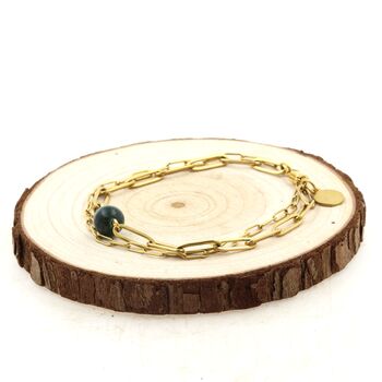 Bracelet en acier doré inoxydable double chaine (6x2 & 12x4 mm) 1 Perle Emeraude de Zambie 8 mm.