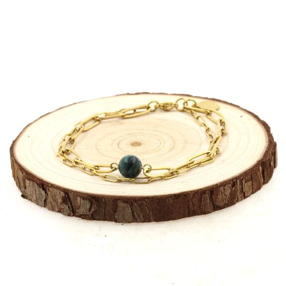 Bracelet en acier doré inoxydable double chaine (6x2 & 12x4 mm) 1 Perle Emeraude de Zambie 8 mm.