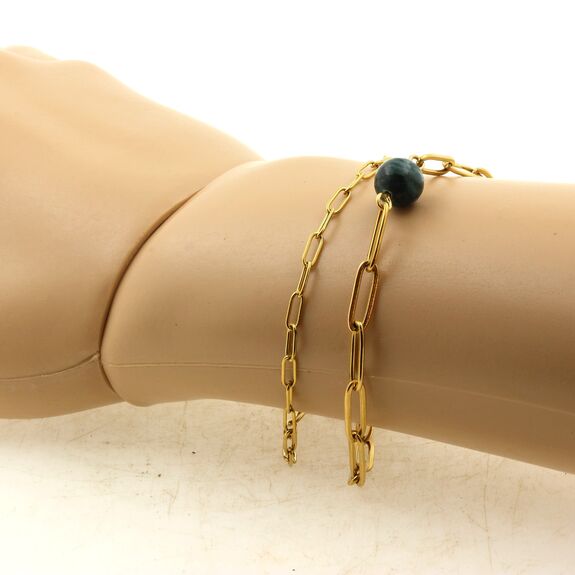 Bracelet en acier doré inoxydable double chaine (6x2 & 12x4 mm) 1 Perle Emeraude de Zambie 8 mm.