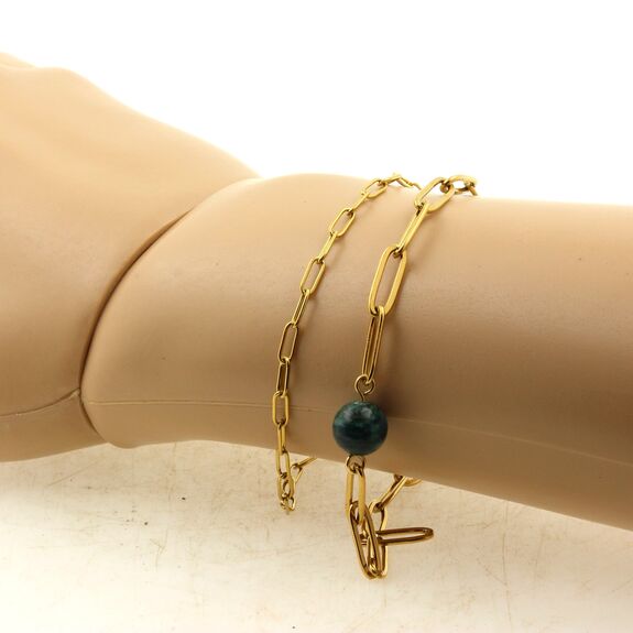 Bracelet en acier doré inoxydable double chaine (6x2 & 12x4 mm) 1 Perle Emeraude de Zambie 8 mm.