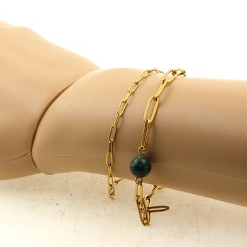 Bracelet en acier doré inoxydable double chaine (6x2 & 12x4 mm) 1 Perle Emeraude de Zambie 8 mm.