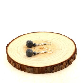 Stainless steel Earrings Labradorite 9mm faceted cube + Hematite 4mm 1 Bead.