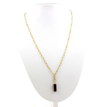 Collier 1 Perle Oeil de Tigre rectangle 13 mm chaine (2,5x6,5mm) en acier doré inoxydable.