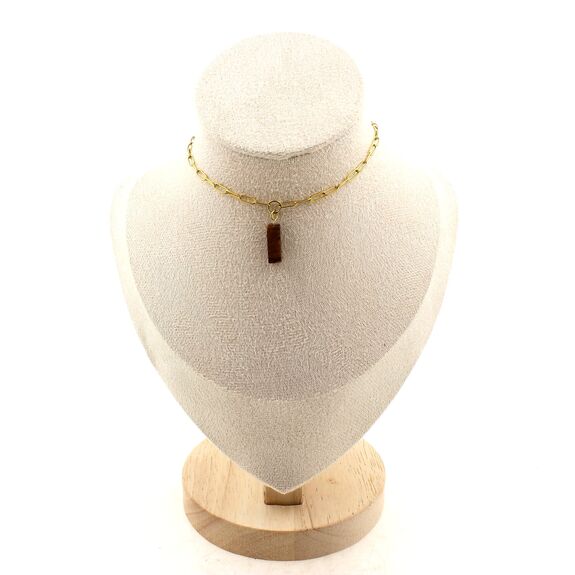 Collier 1 Perle Oeil de Tigre rectangle 13 mm chaine (2,5x6,5mm) en acier doré inoxydable.