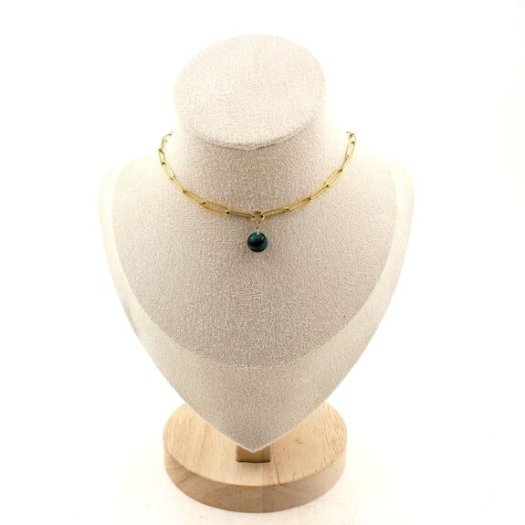 Collier 1 Perle Emeraude de Zambie 8 mm chaine (3,5x11mm) en acier doré inoxydable.