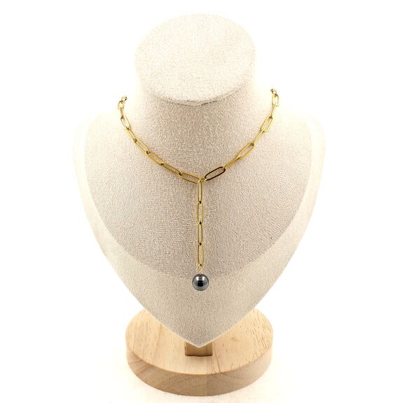 Collier 1 Perle Hématite 8 mm chaine (3,5x11mm) en acier doré inoxydable.