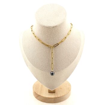 Collier 1 Perle Hématite 8 mm chaine (3,5x11mm) en acier doré inoxydable.