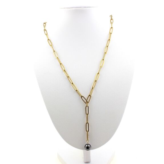 Collier 1 Perle Hématite 8 mm chaine (3,5x11mm) en acier doré inoxydable.